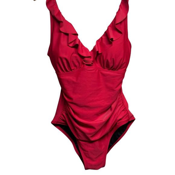 DKNY Ruffle Plunge Underwire Tummy
Control One-Piece Red Swimsuit Size 10 - Picture 2 of 6